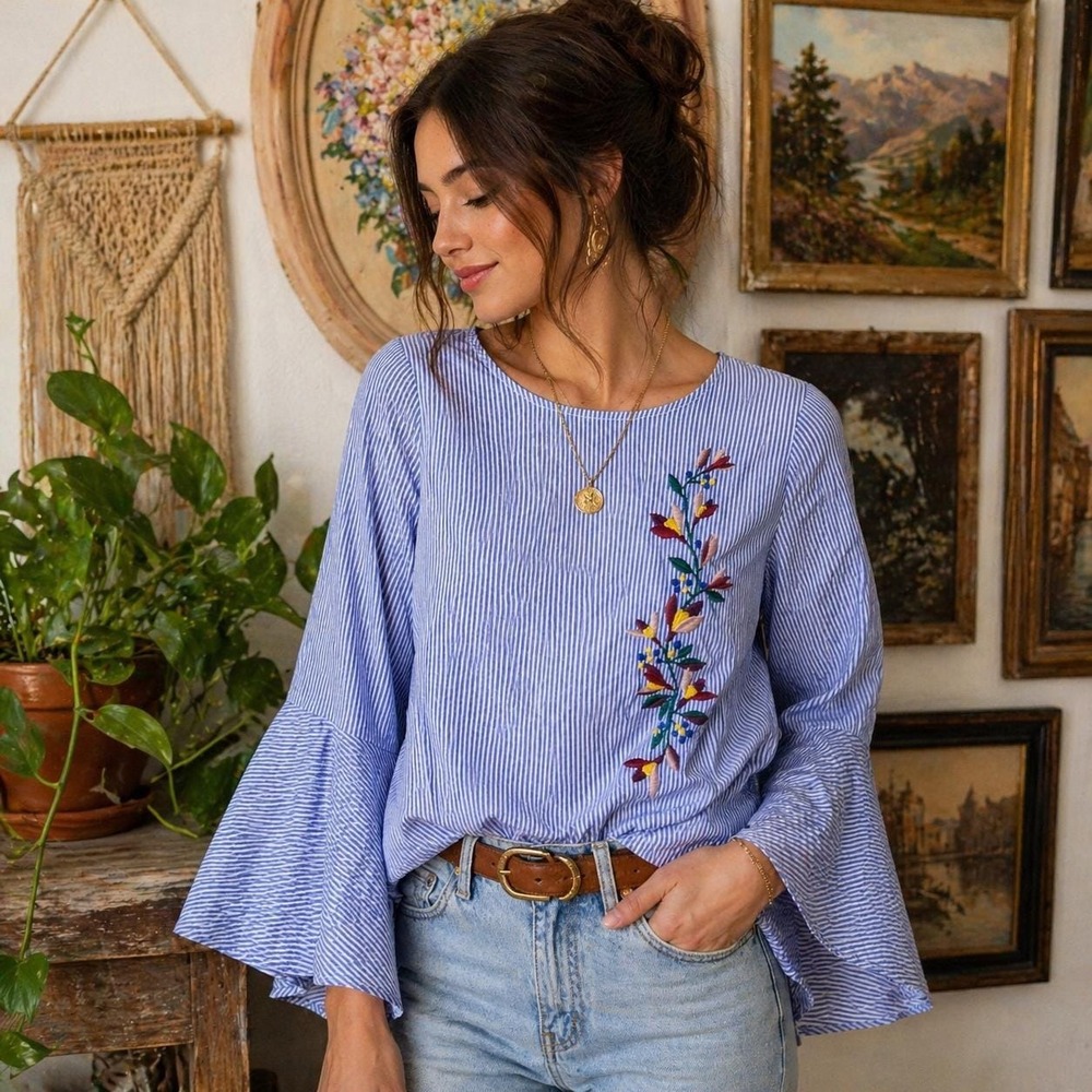 St Johns Bay Blue White Striped Embroidered Bell Sleeve Top Petite Small PS